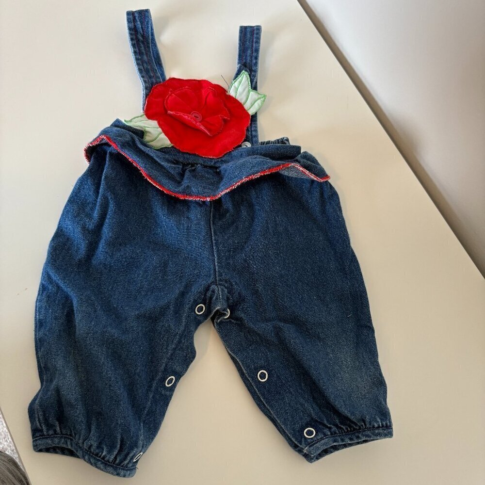 Vintage Overalls Denim with Rose ?3-6m for 14-18 lbs
